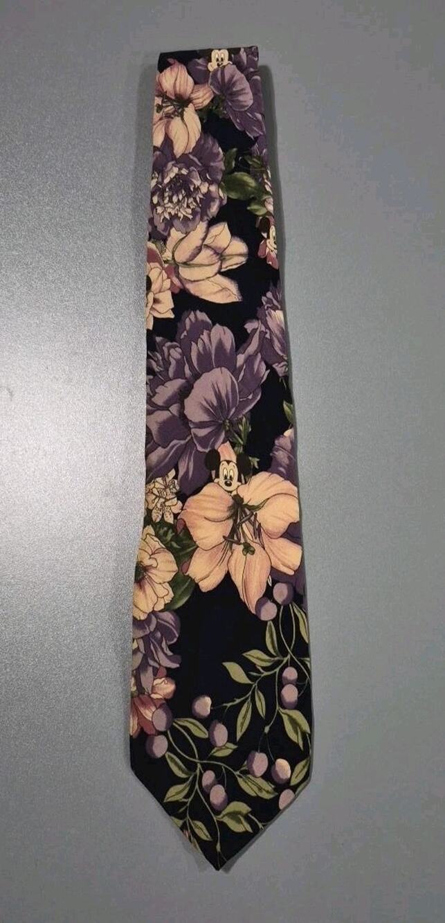 Vintage Disney Mickey Mouse Silk Tie Floral Purple Hidden Mickey Necktie